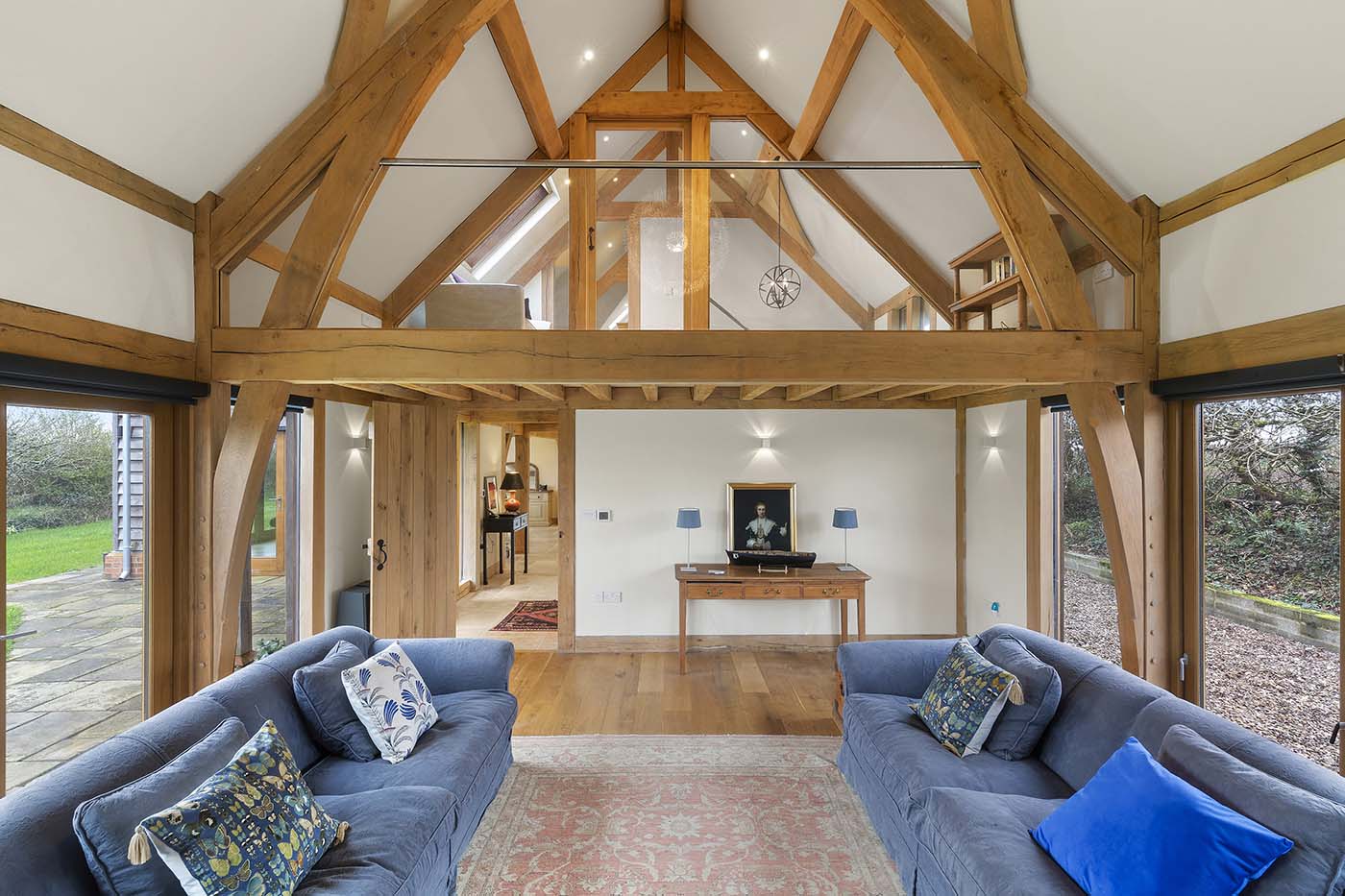 vaulted oak framed living with second floor landing