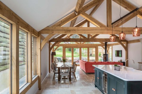 open plan oak framed garden room with kitchen and living room