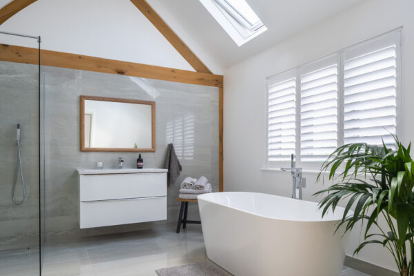 modern bathroom in an oak frame house
